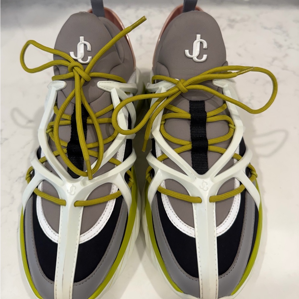 Jimmy Choo Gray and Blue Sneakers with Yellow Accents